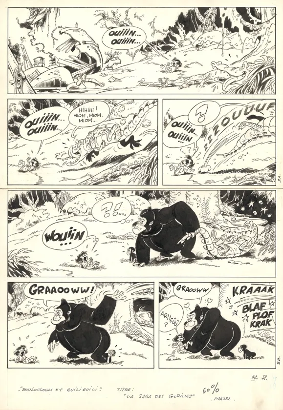Planche noir et blanc, Boulouloum et Guiliguili (Les jungles perdues) , La Saga des gorilles (T.5),  Mazel