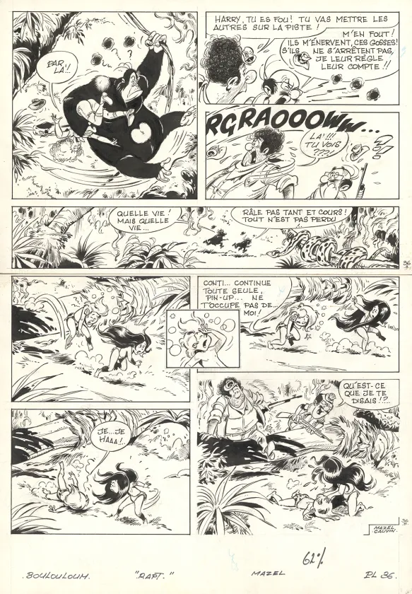 Planche noir et blanc, Boulouloum et Guiliguili (Les jungles perdues) , Rapt (T.6),  Mazel