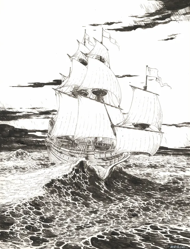 Illustration noir et blanc, 1629... ou l'Effrayante Histoire des naufragés du Jakarta, Thimothée Montaigne