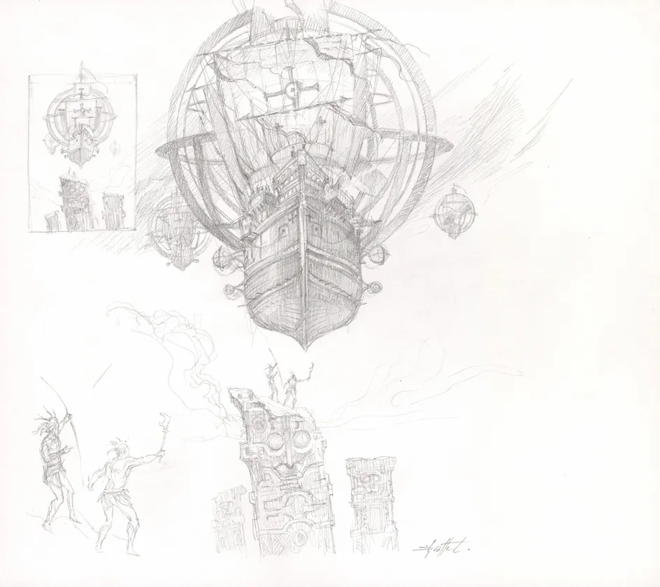 Black and white illustration, Steampunk, Didier Graffet