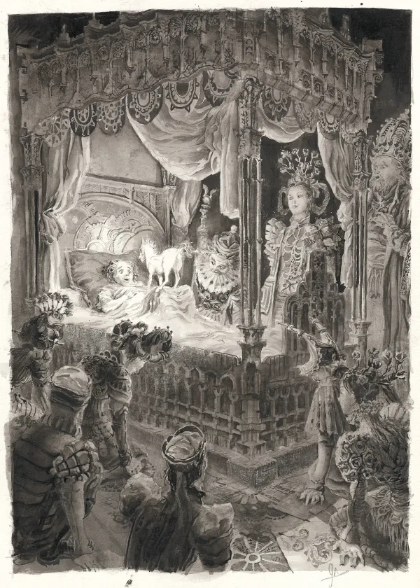 Black and white illustration, Histoires du prince Pipo, de Pipo le cheval et de la princesse Popi, Laurent Gapaillard