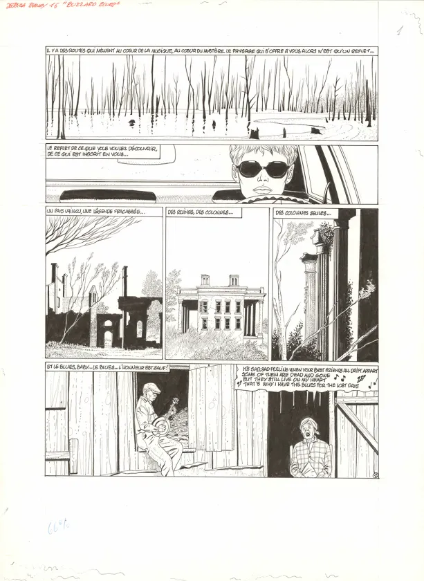 Black and white original page, Jessica Blandy, Buzzard Blues (T.16),  Renaud