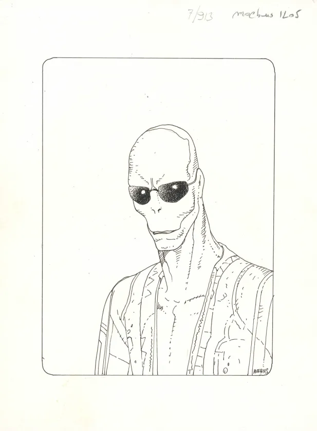 Black and white illustration,  Moebius