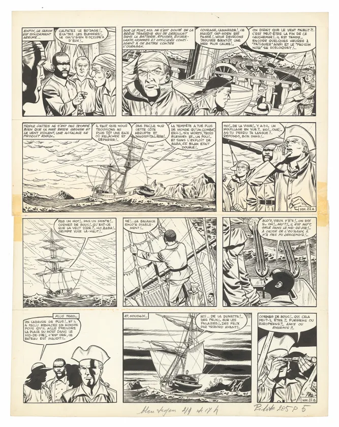 Black and white original page, Barbe-Rouge, L'Île de l'homme mort (T.7), Victor Hubinon