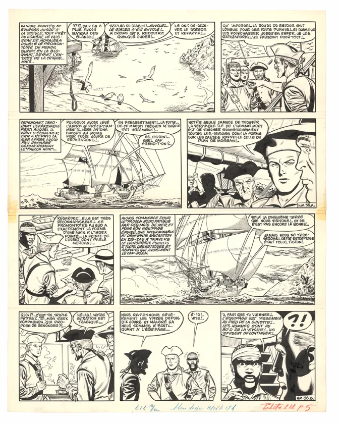 Black and white original page, Barbe-Rouge, L'Île de l'homme mort (T.7), Victor Hubinon