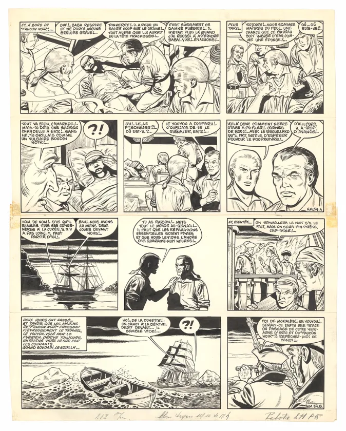 Black and white original page, Barbe-Rouge, L'Île de l'homme mort (T.7), Victor Hubinon