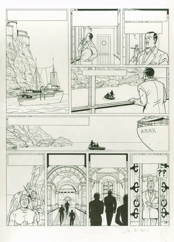 Planche noir et blanc, Blake et Mortimer, La Malédiction des trente deniers - Tome un (T.19), Chantal De Spiegeleer