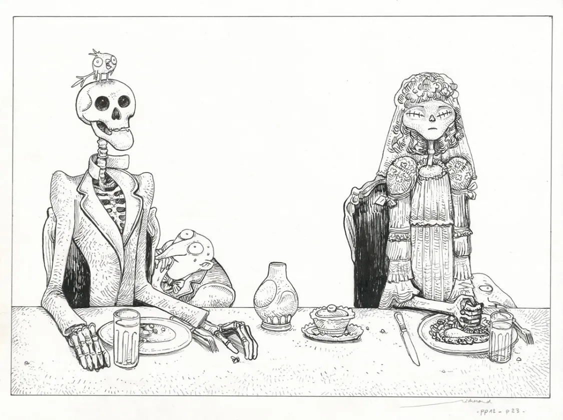 Black and white illustration, L'Étrange Réveillon, Lionel Richerand
