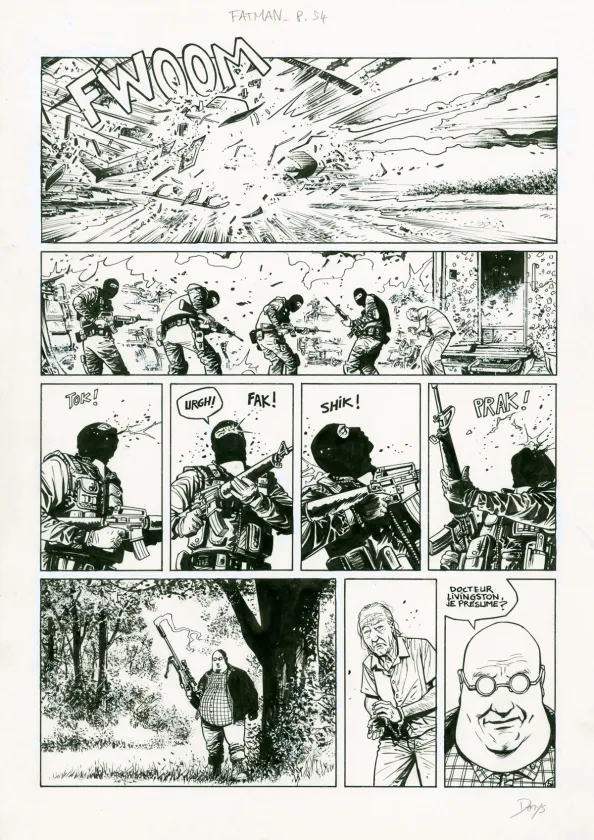 Black and white original page, La Grande Evasion, Fatman (T.4),  Denys