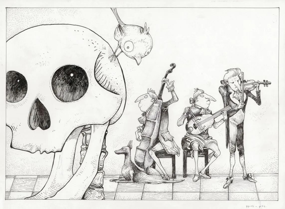 Black and white illustration, L'Étrange Réveillon, Lionel Richerand