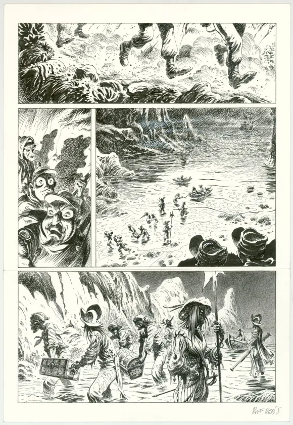 Planche noir et blanc, Hommes à la mer,  Riff Reb's