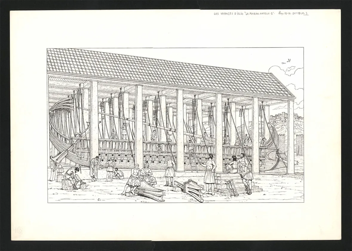 Black and white illustration, Les Voyages d'Alix, La Marine Antique (T.2), Marc Henniquiau