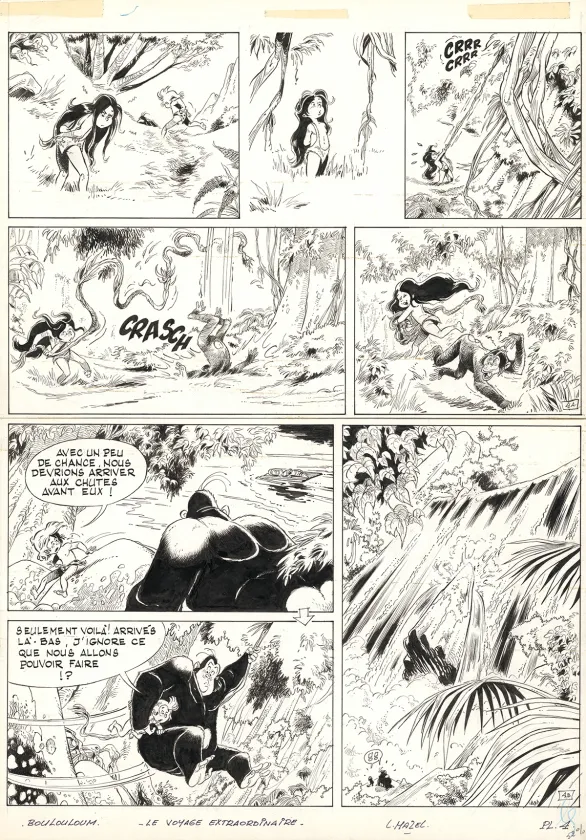 Planche noir et blanc, Boulouloum et Guiliguili (Les jungles perdues) , Les Aventuriers de la préhistoire (T.7),  Mazel