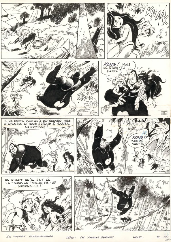 Planche noir et blanc, Boulouloum et Guiliguili (Les jungles perdues) , Les Aventuriers de la préhistoire (T.7),  Mazel