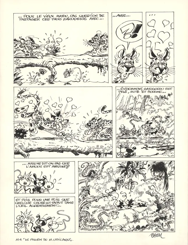Planche noir et blanc, Le Marsupilami, Le Pollen du Monte Urticando (T.4),  Batem