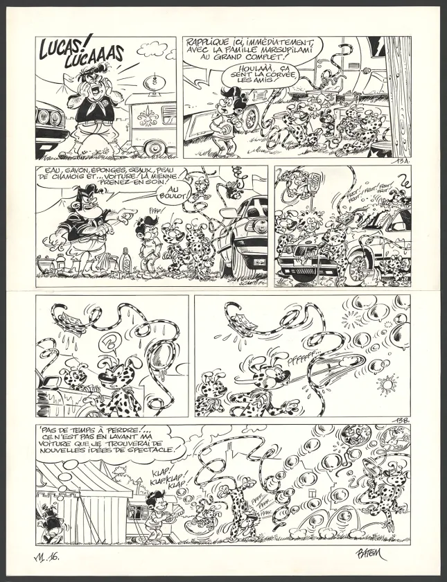 Planche noir et blanc, Le Marsupilami, Tous en piste (T.16),  Batem