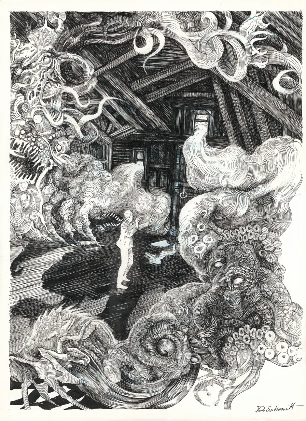 Illustration noir et blanc, Le Bestiaire du crépuscule, Daria Schmitt