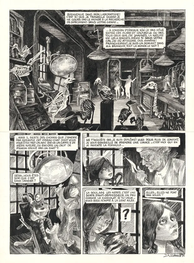 Black and white original page, Ornithomaniacs, Daria Schmitt