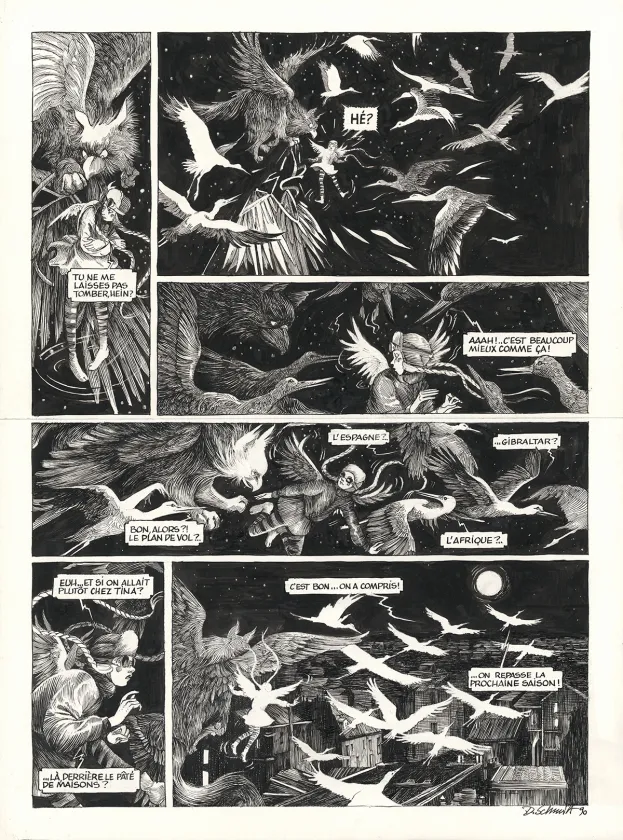Black and white original page, Ornithomaniacs, Daria Schmitt