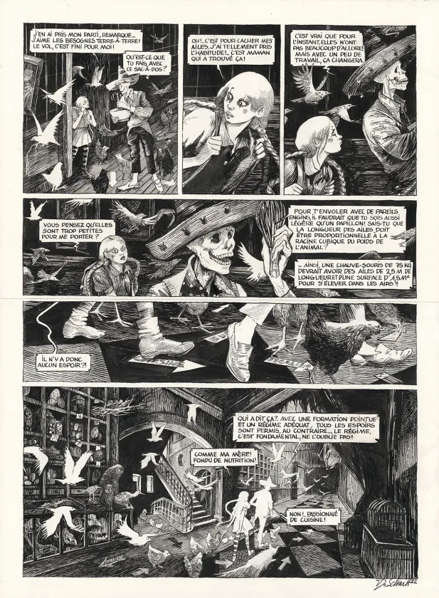 Black and white original page, Ornithomaniacs, Daria Schmitt