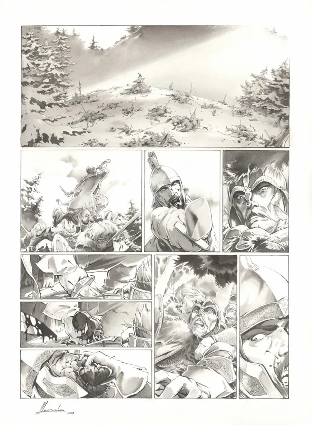 Black and white original page, Chroniques de Roncevaux, La Légende de Roland (T.1), Juan Luis Landa