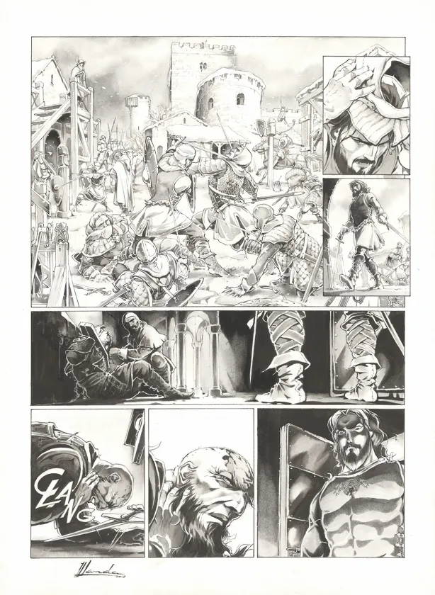 Black and white original page, Chroniques de Roncevaux, La Légende de Roland (T.1), Juan Luis Landa