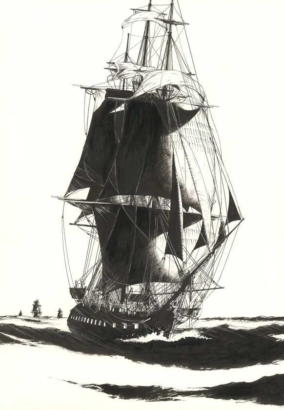 Illustration noir et blanc, USS Constitution, Franck Bonnet