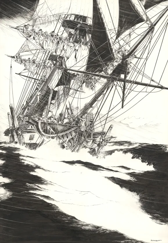 Illustration noir et blanc, USS Constitution, Franck Bonnet