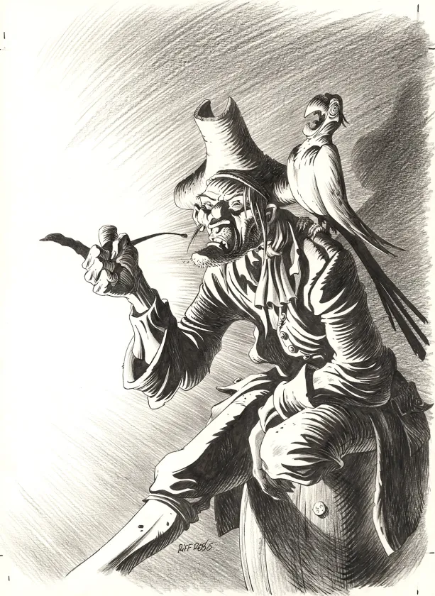 Illustration noir et blanc, L'Île au trésor,  Riff Reb's