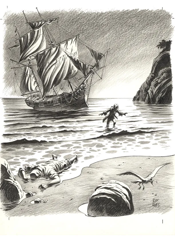 Illustration noir et blanc, L'Île au trésor,  Riff Reb's