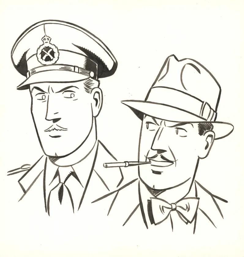 Black and white illustration, Blake et Mortimer, Huit heures à Berlin (T.29), Antoine Aubin