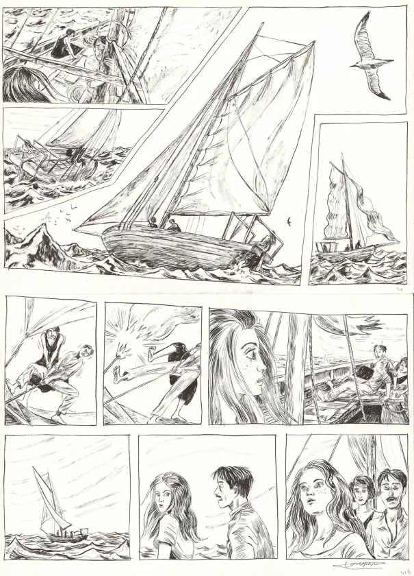 Black and white original page, Renée Stone (Une aventure de), Le Piège de la Mer Rouge (T.2), Clément Oubrerie