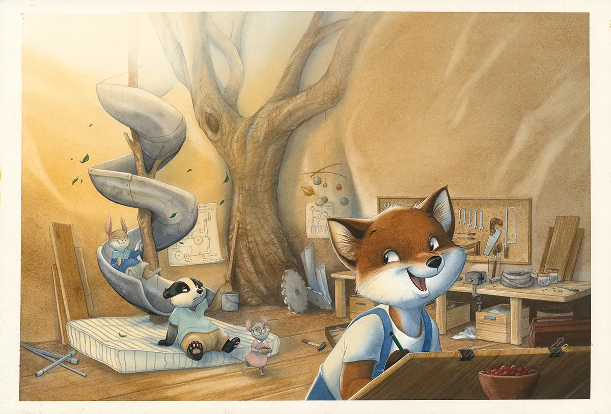 Colored illustration, Les Géniales inventions de Léonard le renard, Méli-mélo de saison (T.1), Julie Mellan