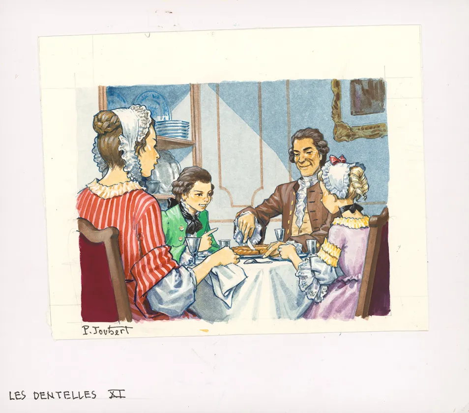 Colored illustration, La Vie privée des Hommes, Au temps de Louis XV et des guerres en dentelle... (T.24), Pierre Joubert