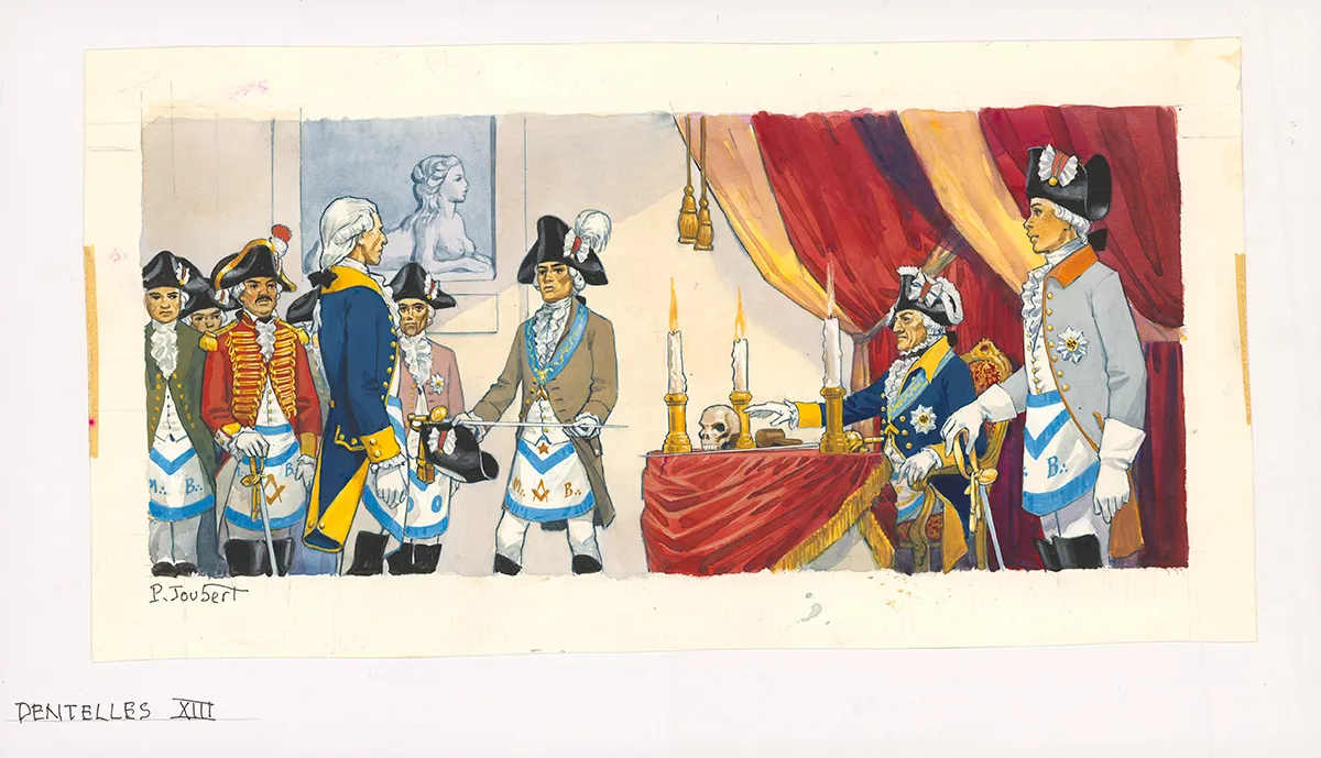 Colored illustration, La Vie privée des Hommes, Au temps de Louis XV et des guerres en dentelle... (T.24), Pierre Joubert