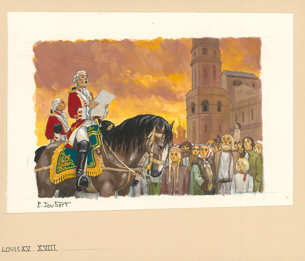 Illustration couleur, La Vie privée des Hommes, Au temps de Louis XV et des guerres en dentelle... (T.24), Pierre Joubert