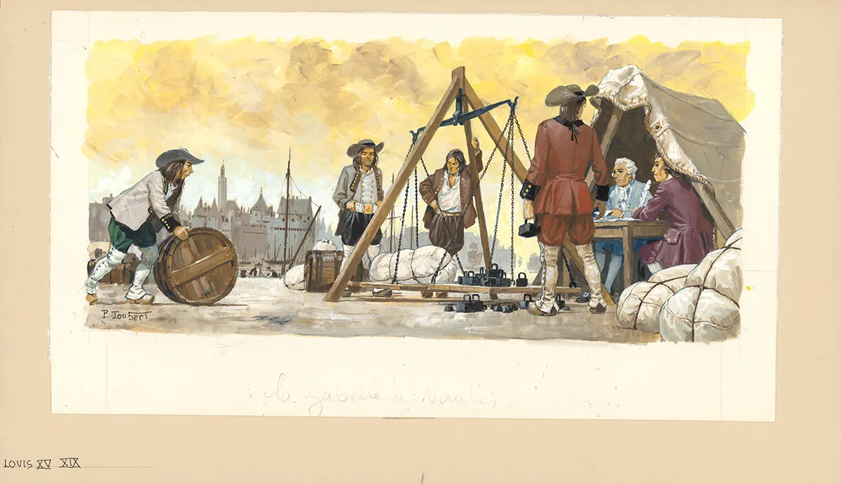 Illustration couleur, La Vie privée des Hommes, Au temps de Louis XV et des guerres en dentelle... (T.24), Pierre Joubert