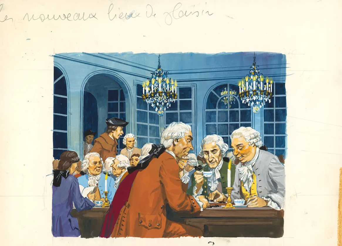 Colored illustration, La Vie privée des Hommes, Au temps de Louis XV et des guerres en dentelle... (T.24), Pierre Joubert